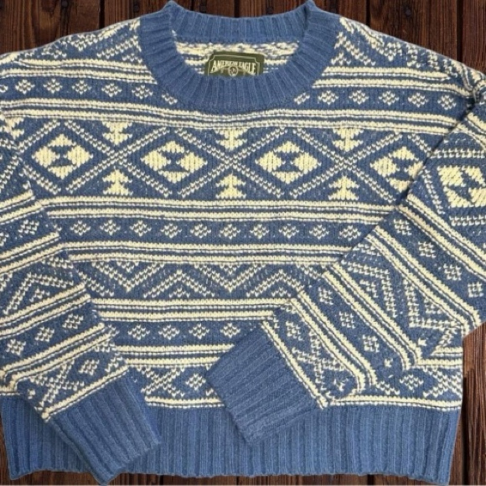 NWT AE Faire Isle Oversized Crew Neck Sweater | Blue & White | XS